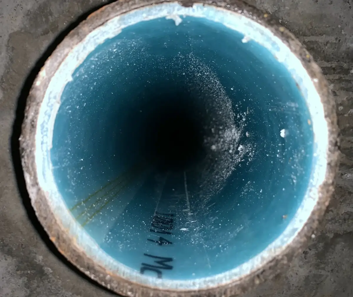 Close-up of a blue, circular pipe interior, with a textured surface and a dark, narrow center. The pipe is embedded in a rough, gray material.