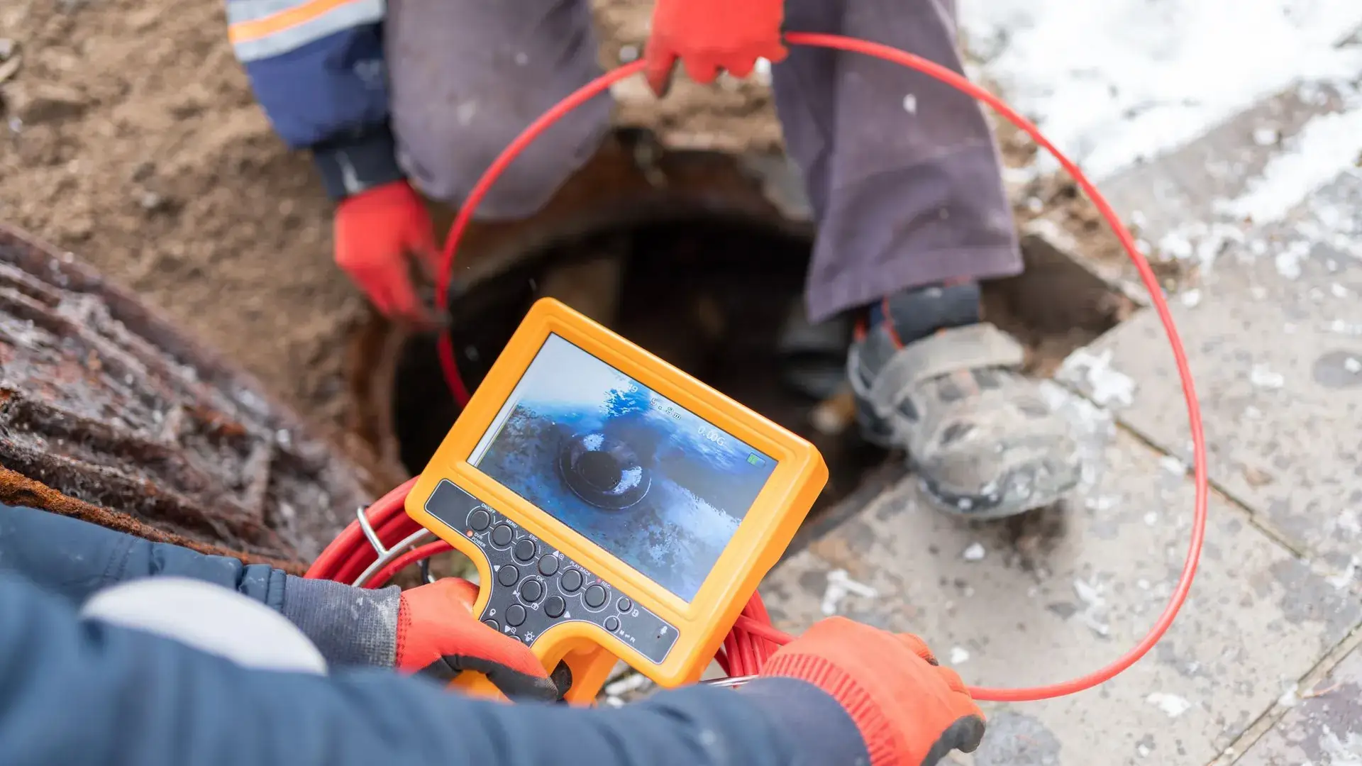 Worker using an orange inspection camera to examine a sewer pipe.