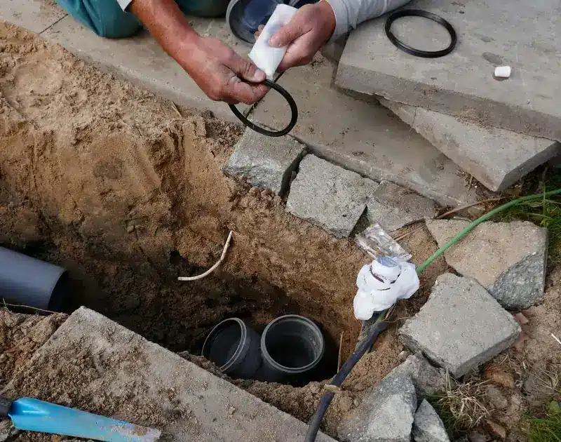 A person is repairing underground pipes in a sandy trench, holding a sealing ring and adhesive.