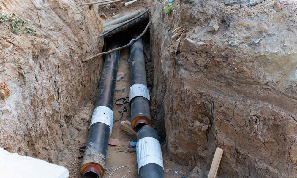 Sewer line repair vs replacement comparison showing exposed pipes in an excavated trench