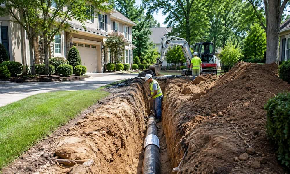 Sewer line repair vs replacement comparison showing exposed pipes in an excavated trench