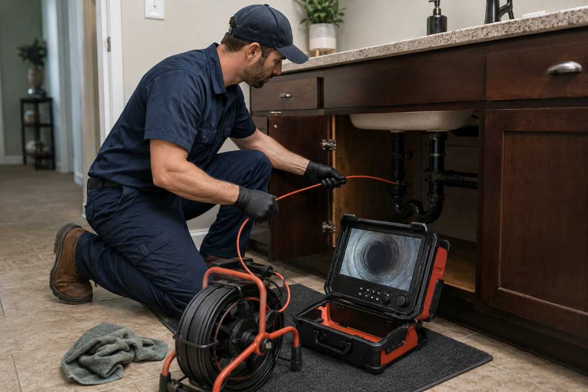 Residential plumbing services technician clearing a kitchen sink drain