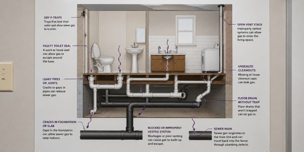 Sewer camera inspection investigating sewer smell in house causes