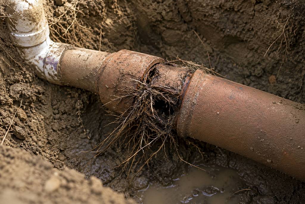 An underground pipe section exposed during excavation, showing root intrusion damage and pipe deterioration clearly.