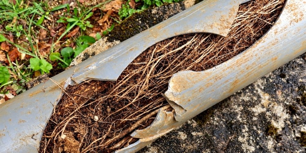 Split drainage pipe caused by ingress of tree roots